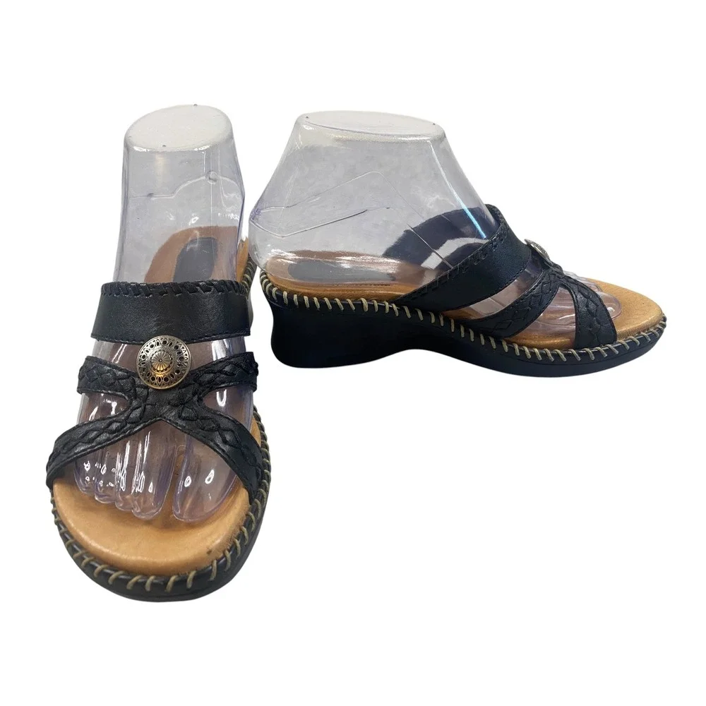 Minnetonka Womens Black Leather Wedge‎ Sandals Strappy Concho Slide Size 6